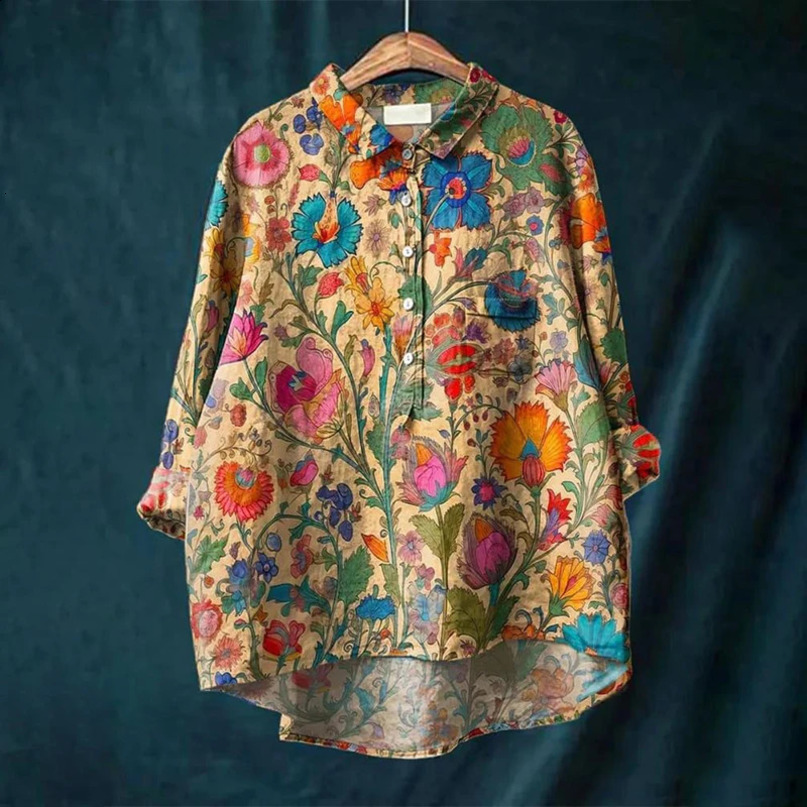 Summer Womens Casual Shirt Retro Floral Art Long Sleeve Pocket Hawaiian Style Printed Vneck Top 240823