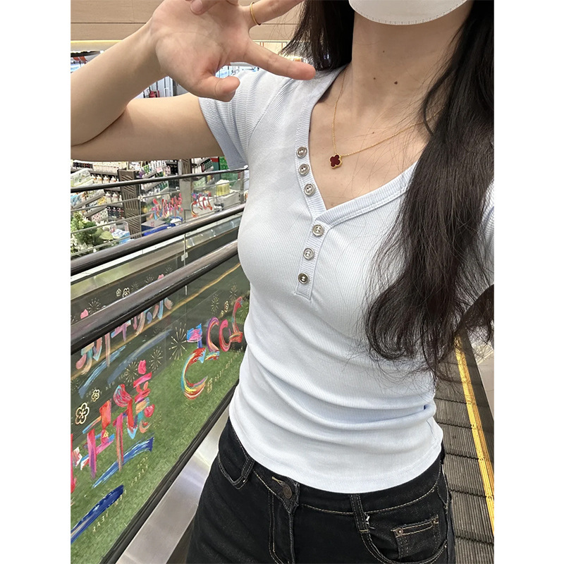 Right Shoulder Short Sleeve Design V-neck T-shirt For Designer Hoodie Women Designer Shirt 2025 Summer New Pure Desire Hot Girl Slim Fit Baby Blue Top