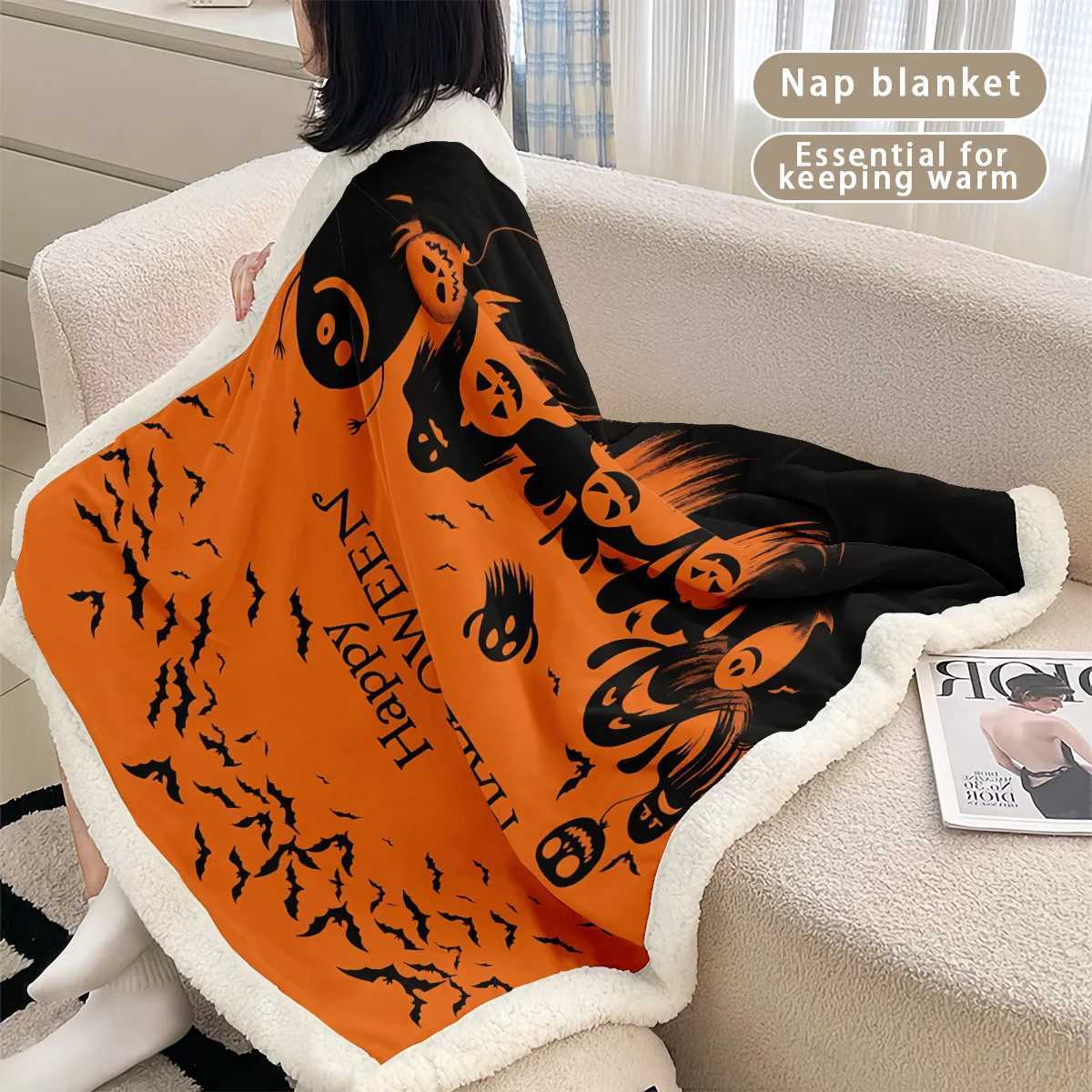 1pc Halloween Ghost Print Imitation Lamb Fleece Blanket Multi Size Living Room Nap Leisure Blanket Comfortable Machine Washable C251011