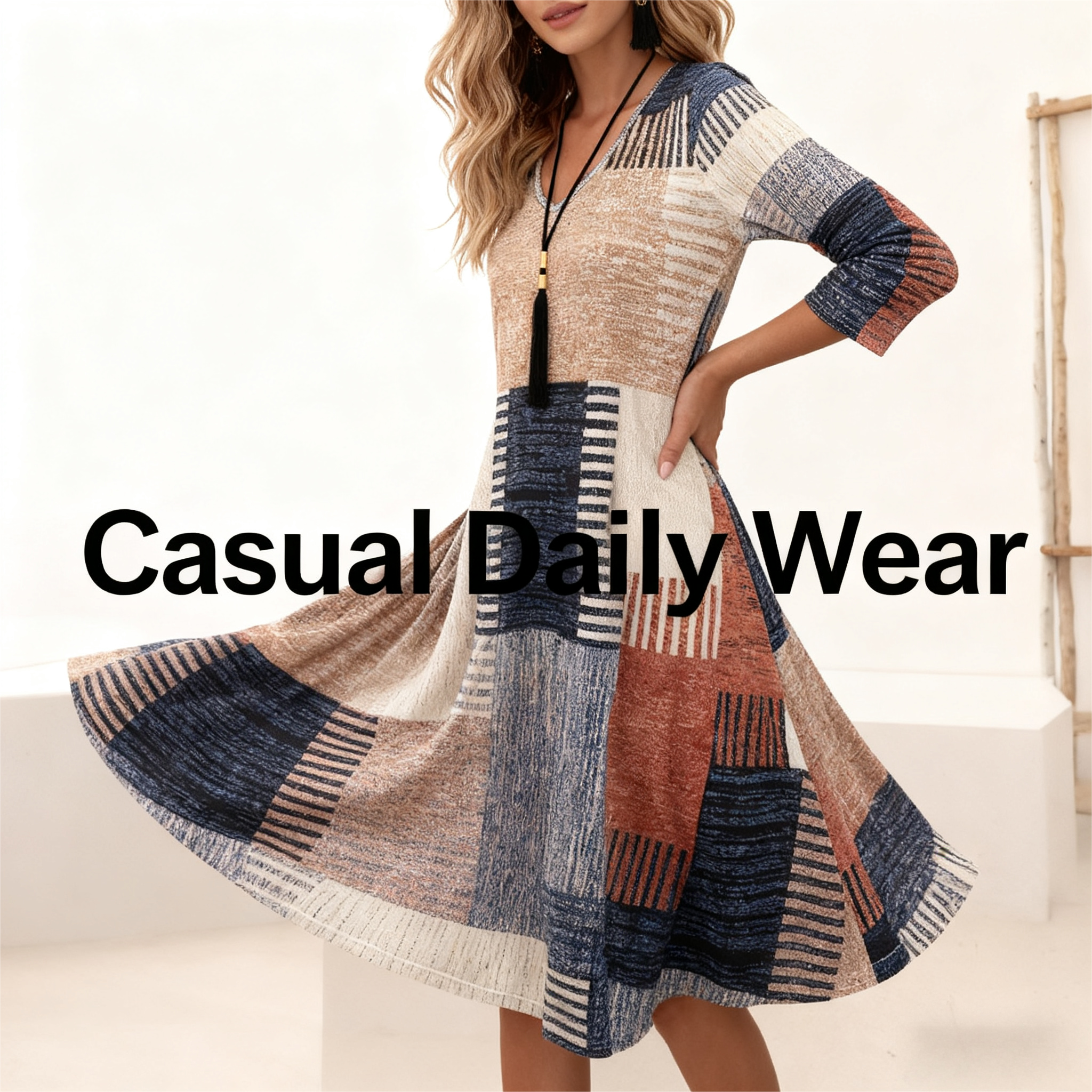 Women's Autumn Winter New Irregular Plaid Print V - Neck Dress - Casual Versatile Khaki Dress-CF42044