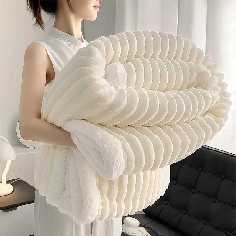 1pc Weighted Sherpa Fleece Blanket Soft Warm Faux Rabbit Fur Softness Beige White Striped Contemporary Bedspread for Bed C251011