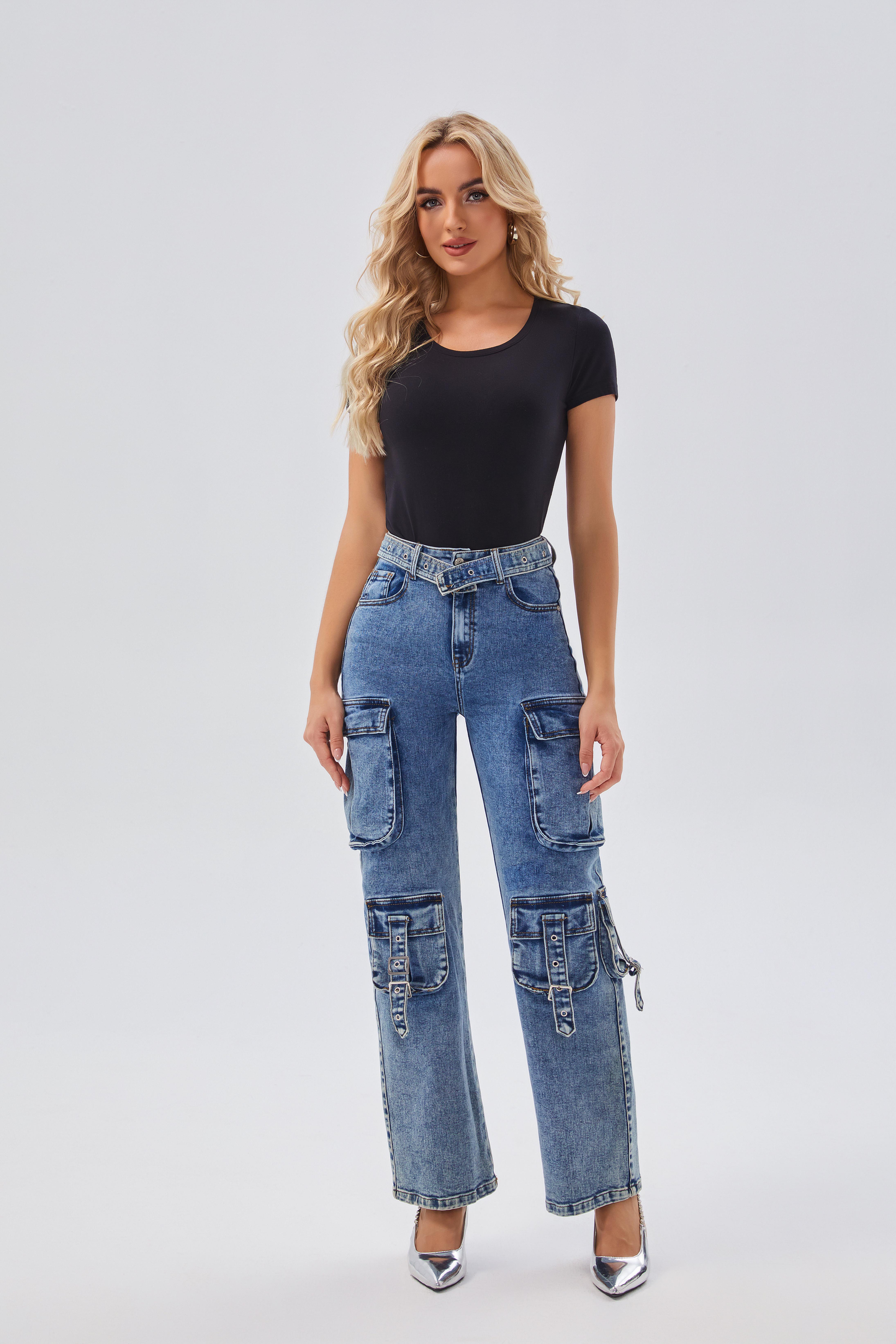 Women's Jeans Women's High - Waisted Denim Cargo Pants with Buckle Belt - Trendy Multi - Pocket Design, Ideal for Casual & Streetwear