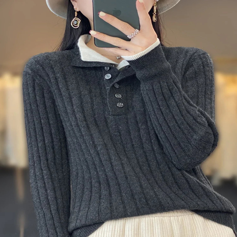 High Quality Women Autumn Winter Casual Turndown Collar Pullover Cashmere Sweater 100% Merino Wool Knitwear Clothing Tops 241021