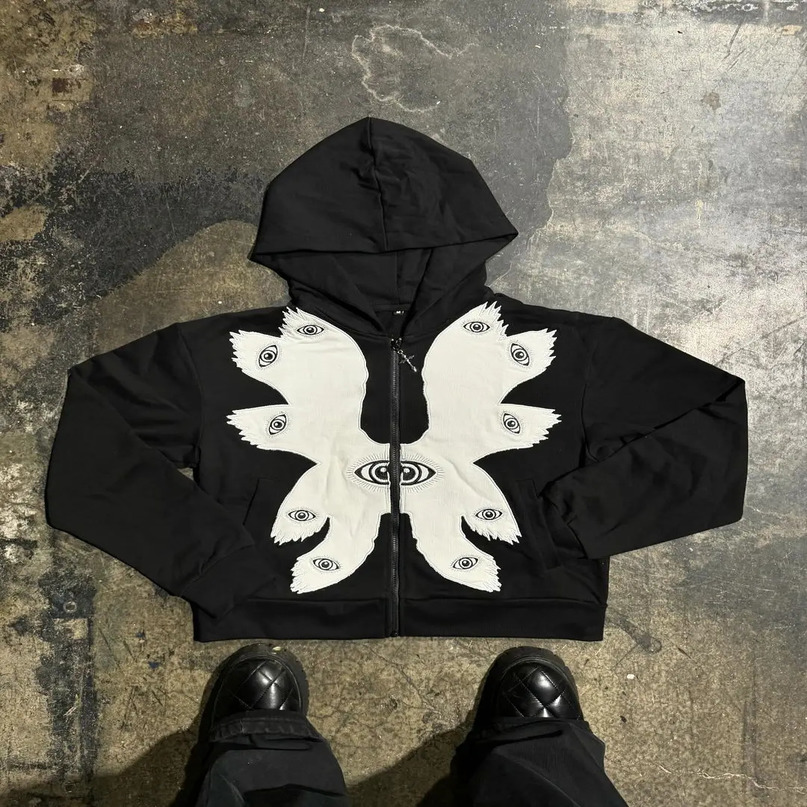Goth Style Zip Up Hoodie Y2K Harajuku Pattern Patchwork Vintage Sweatshirt Men Women Hip Hop Oversized Streetwear Gothic Clothes 240806