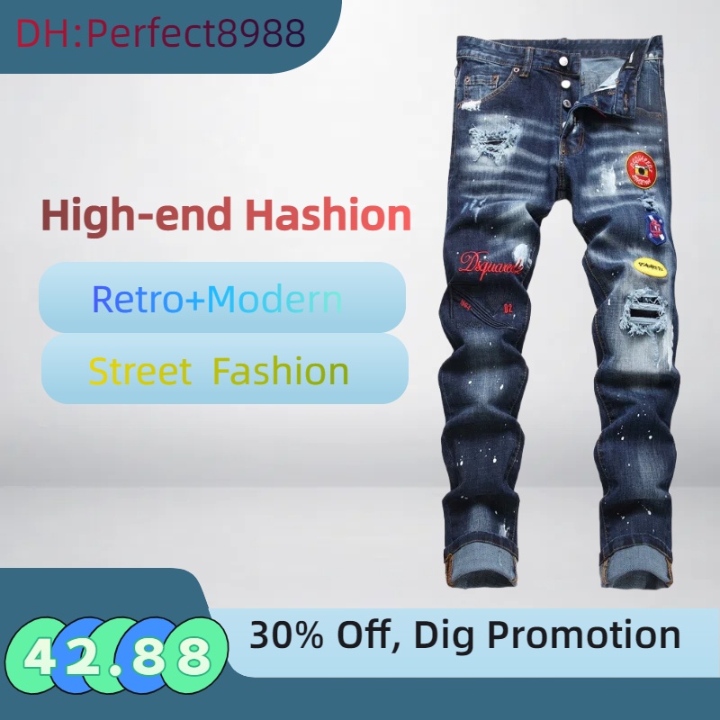 Mens Jeans Luxury D-TWO Italy Designer Denim Jeans Embroidery Pants DQ24037 Fashion Wear-Holes splash-ink stamp Trousers US30-38/EU46-54