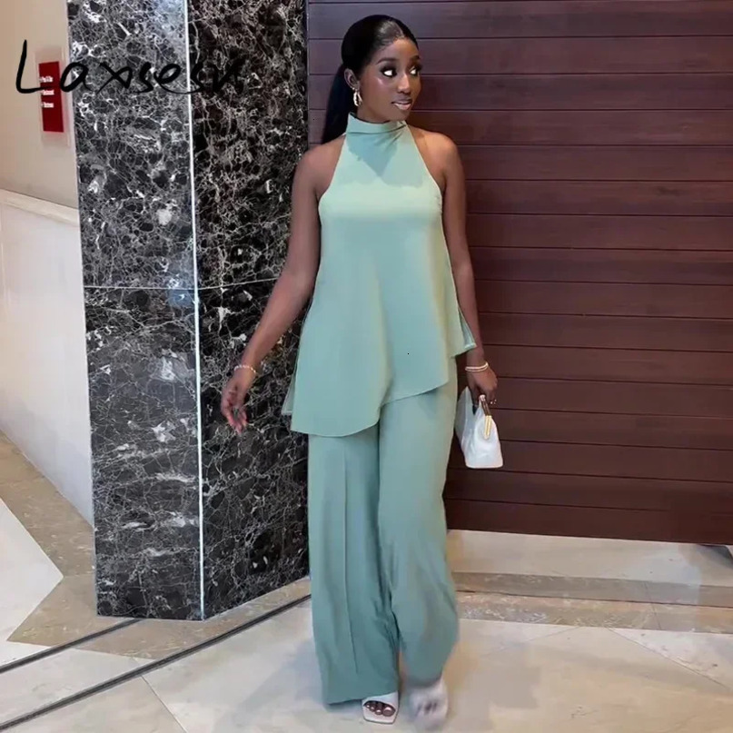 Laxsesu twopiece pants set casual womens shoulder irregular toppants clothing 241008