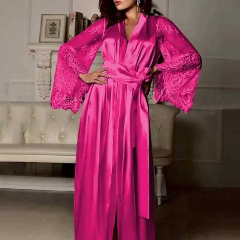 Sexy Nighties Lingerie Plus Size Pajamas Gown Imitation Ice Silk Lace Long Sleeve Womens Pajamas Panty Belt Set Sexy Goods Y251010