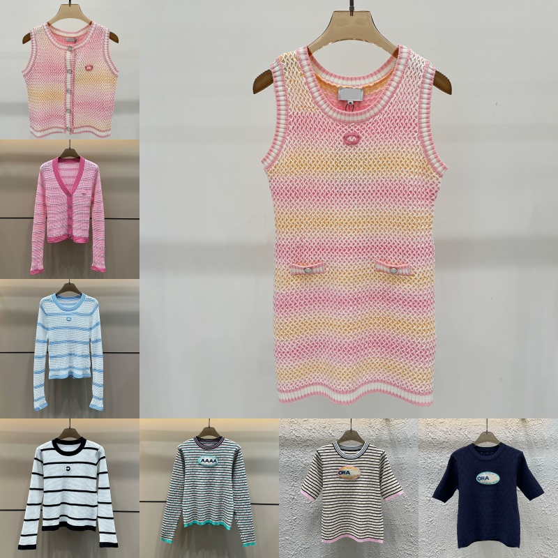 Vintage Striped Knit T Shirts Designer Womens Contrast Color Hollow Sweater Tees Street Style Outdoor Vacation Short Sleeve Tops