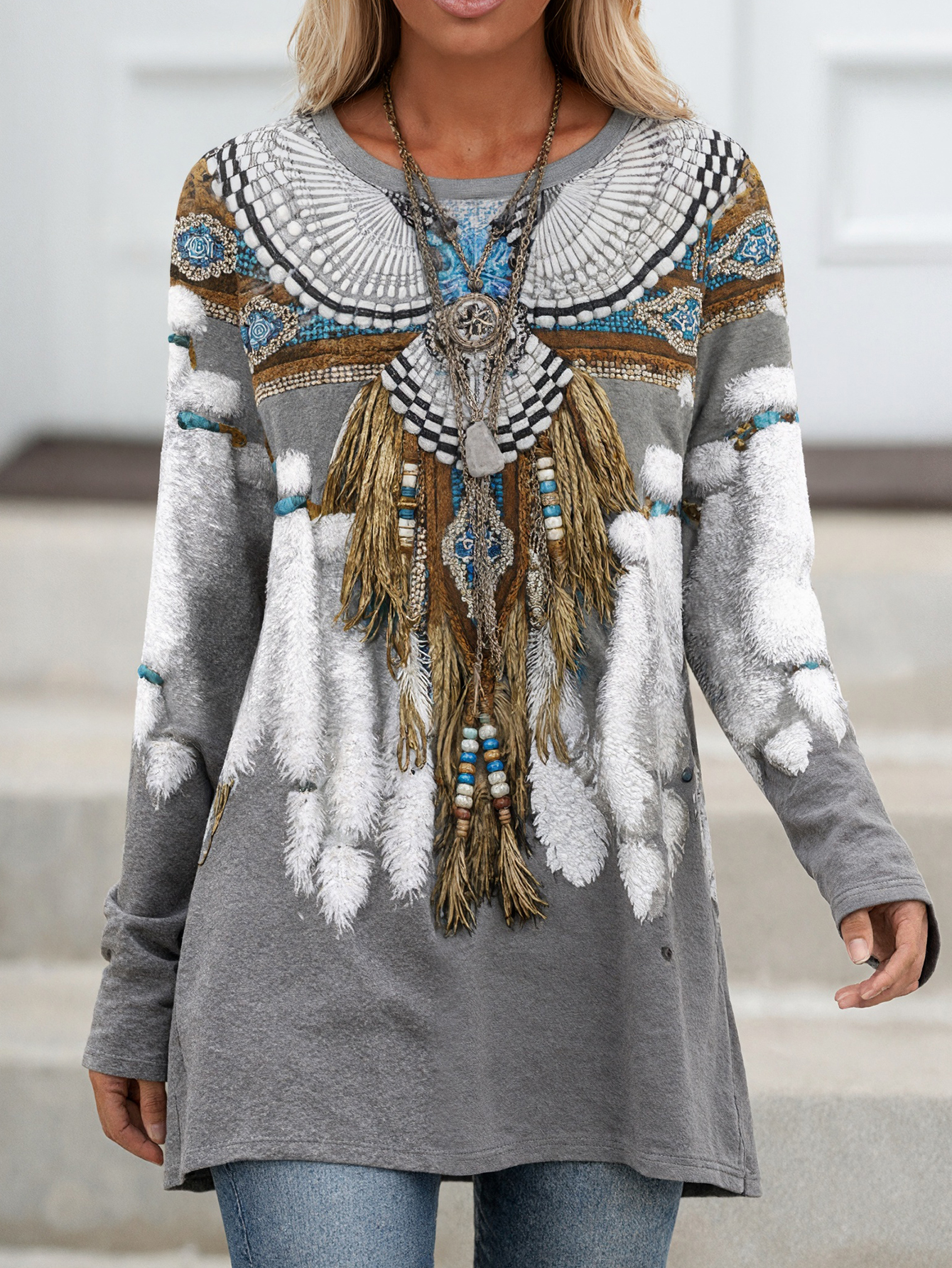 Women's Autumn New Ethnic - Style Long - Top - Casual Retro Grey Milk Silk Top-CF40478