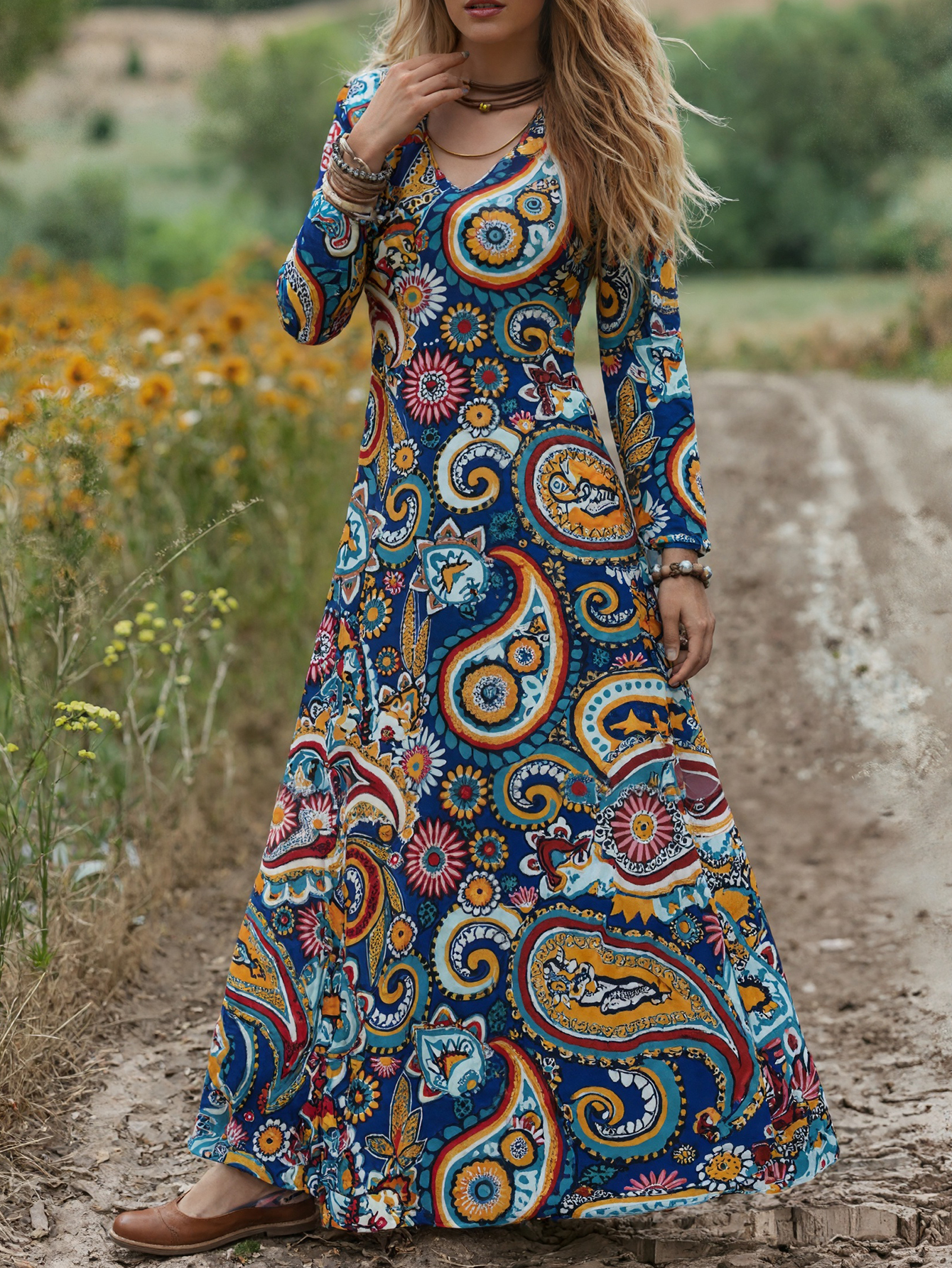 Women's Autumn Winter Fashion Paisley Print Maxi Dress - Casual Versatile Floral Dress-CF51073