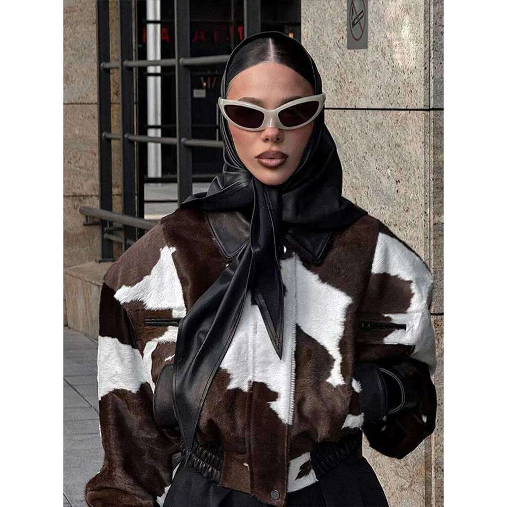 Fashion Womens Cow Print Jacket Lapel Collar Short Length Zipper Button Coats Autumn Winter Female Trendy Warm Outerwear