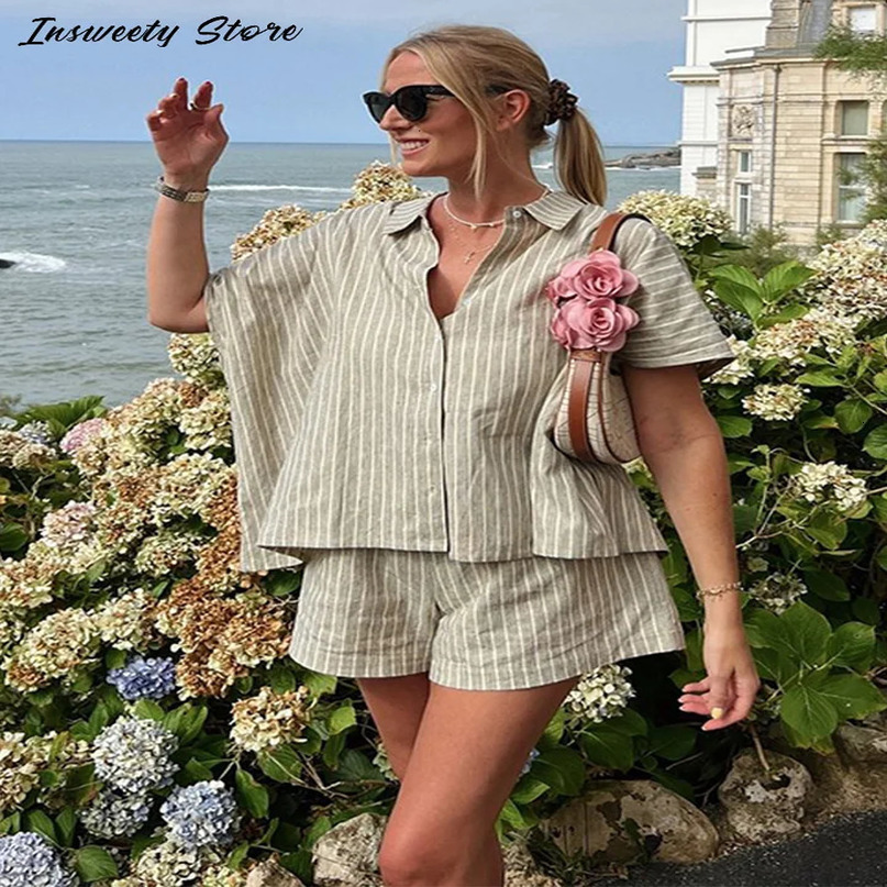 Summer Womens Loose Single Breasted Half Sleeve Shirt High Waist Short Pants Casual Stripe Shorts Set Holiday Suit 250729