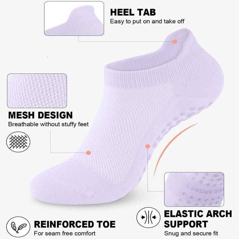 4 Pairs Grip Socks for Women Non Slip Yoga Socks Pilates Breathable Mesh Short Socks Cotton Low Cut Gym Fitness Dance Sport SockW251011