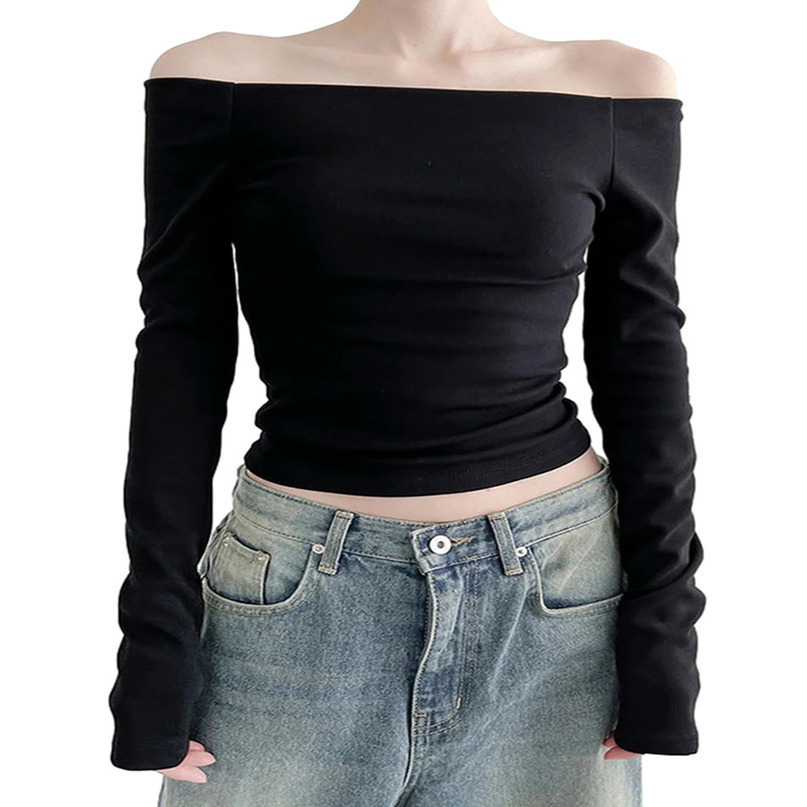 Women Solid Color Short TShirts Boat Neck Long Sleeve Off Shoulder Shirts Spring Fall Fit Tops Streetwear 250731