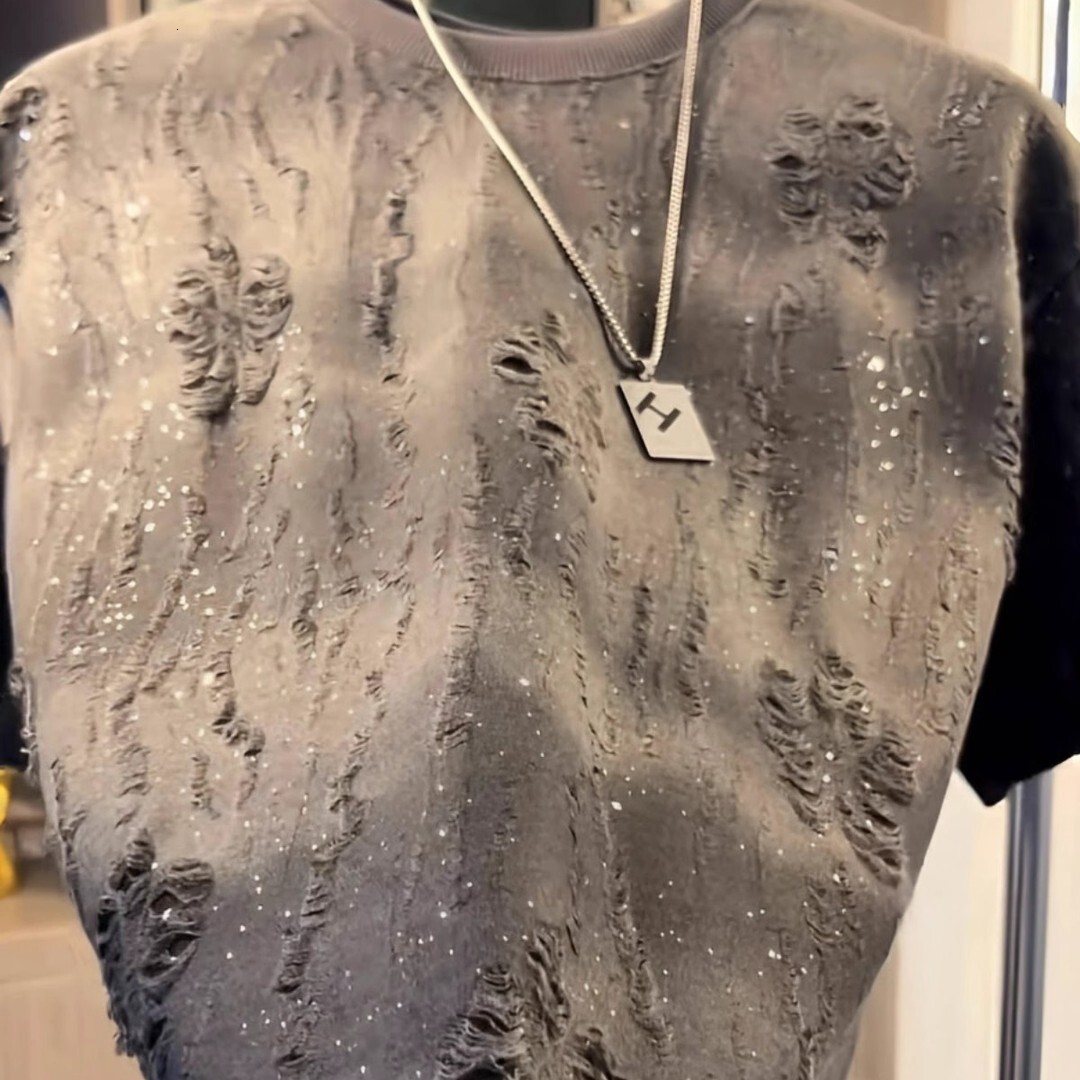 Summer New Luxury High-quality Men's Starry Designer Hoodie Sky Short Sleeve T-shirt Trendy Sequin Gradient Distressed Designer Shirt Crew Neck T