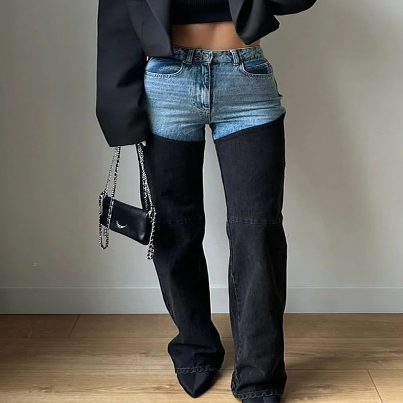 Panelled Patchwork Straight Denim Pants Women Slim Fit High Waist Jeans Female Spring Summer Fashion ner Y2K Trousers 250311