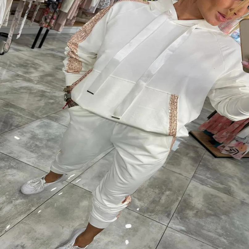 Autumn Winter Women Fashion Sequin Patchwork Sets Casual Stitching Hooded Sweater Suit Twopiece Set Femme 2 250120