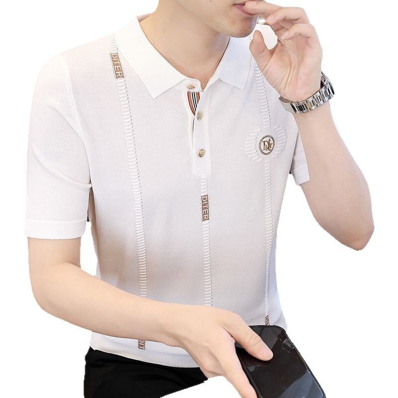 Turn-down Collar Knitted Short Sleeve T-shirt Men's Thin Slim Fit Summer Designer Hoodie Ice Silk Top Trendy Top Polo Designer Shirt T-shirt Men