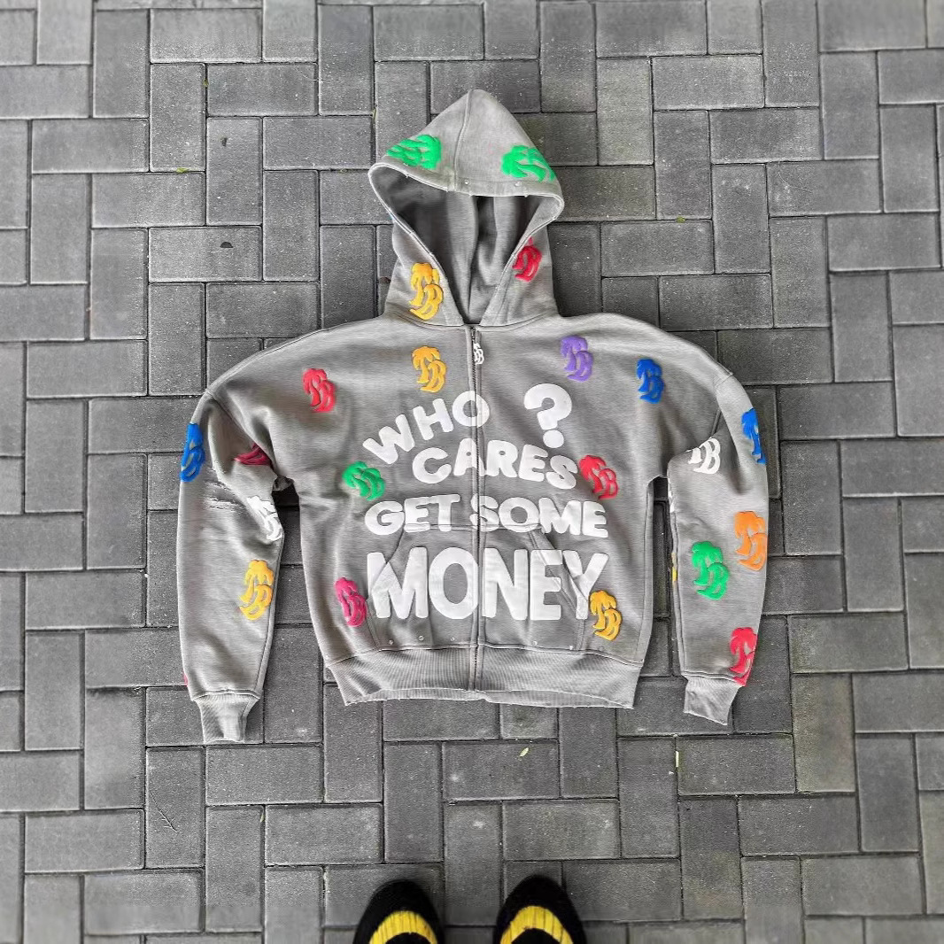 Y2K Trend American Style Printed Loose Casual Comfortable Hooded Zipper Sweatshirt Jacket Top