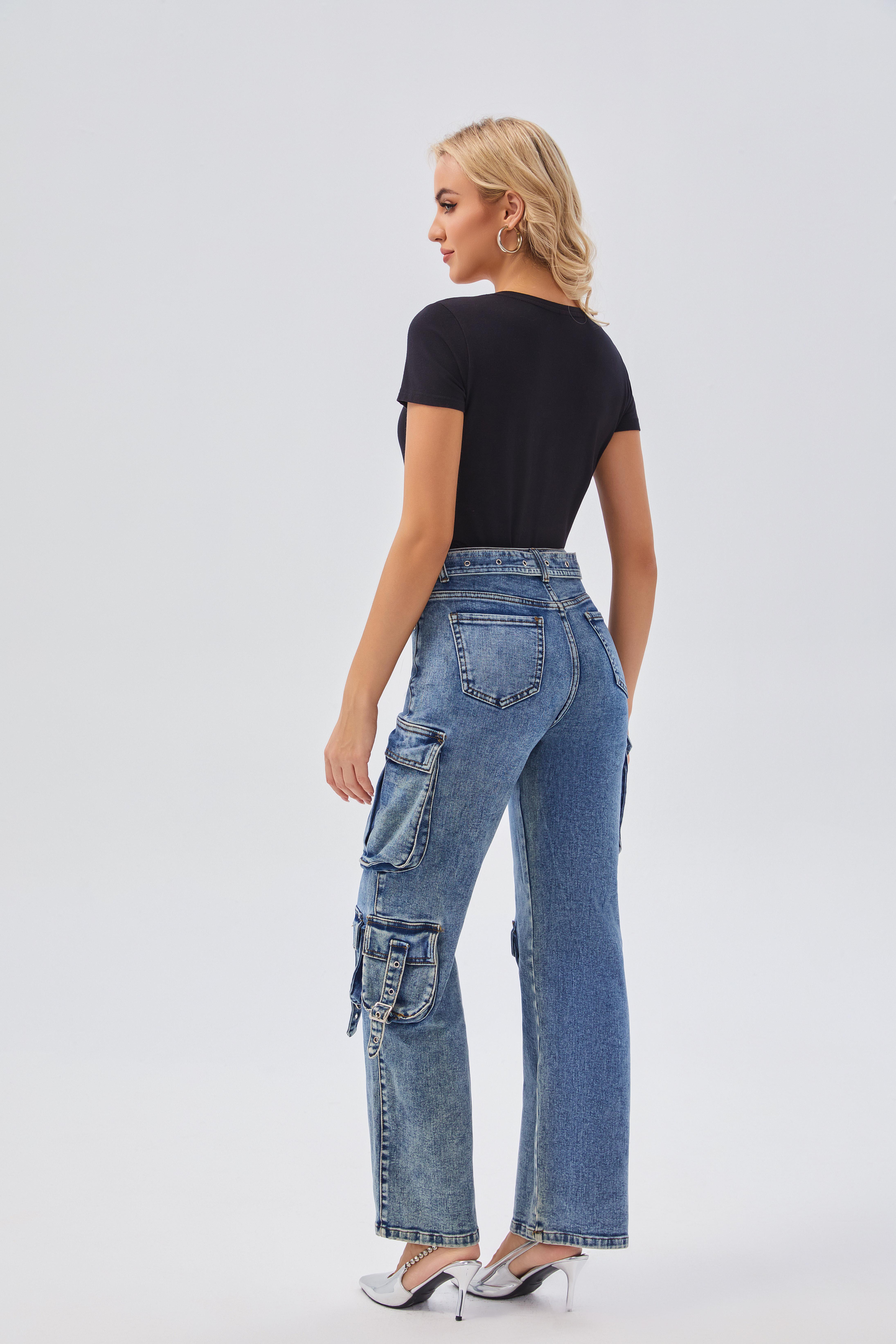 Women's Jeans Women's High - Waisted Denim Cargo Pants with Buckle Belt - Trendy Multi - Pocket Design, Ideal for Casual & Streetwear