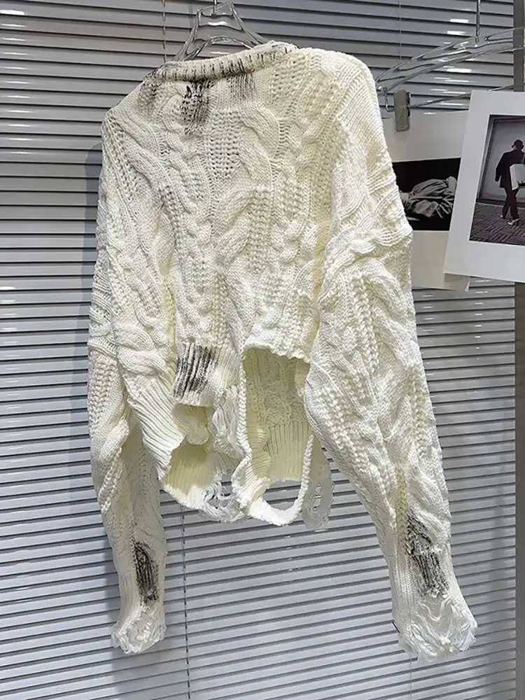 DEAT Womens Sweater Off Shoulder Loose Knitted Holes Long Slve Irregular Pullover 2025 New Fashion Summer 11A0891 L251010E7FM