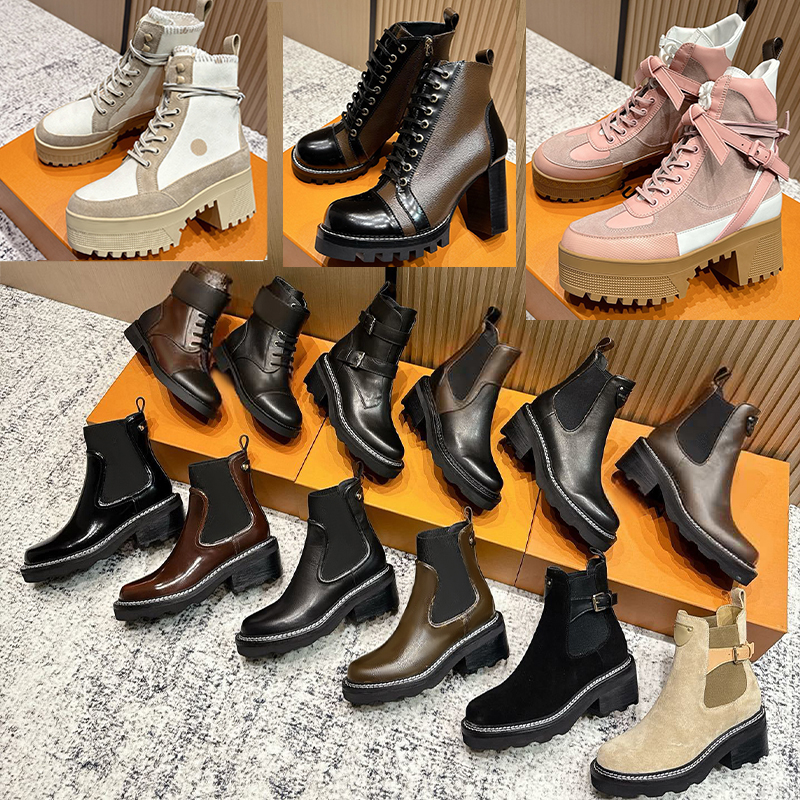 Laureate Platform Boots Designer Women Flamingos Love Arrow Medal Martin Boot Winter Genuine Leather Coarse High Heel Shoes Luxury Desert Chunky Heele 35-42