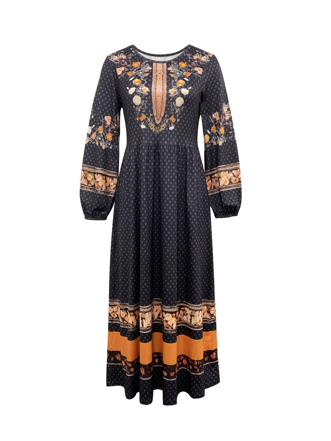 Women's Autumn Winter New Floral Printed Maxi Dress - Casual Versatile Vacation Round - Neck Long - Sleeve Dress-CF56278