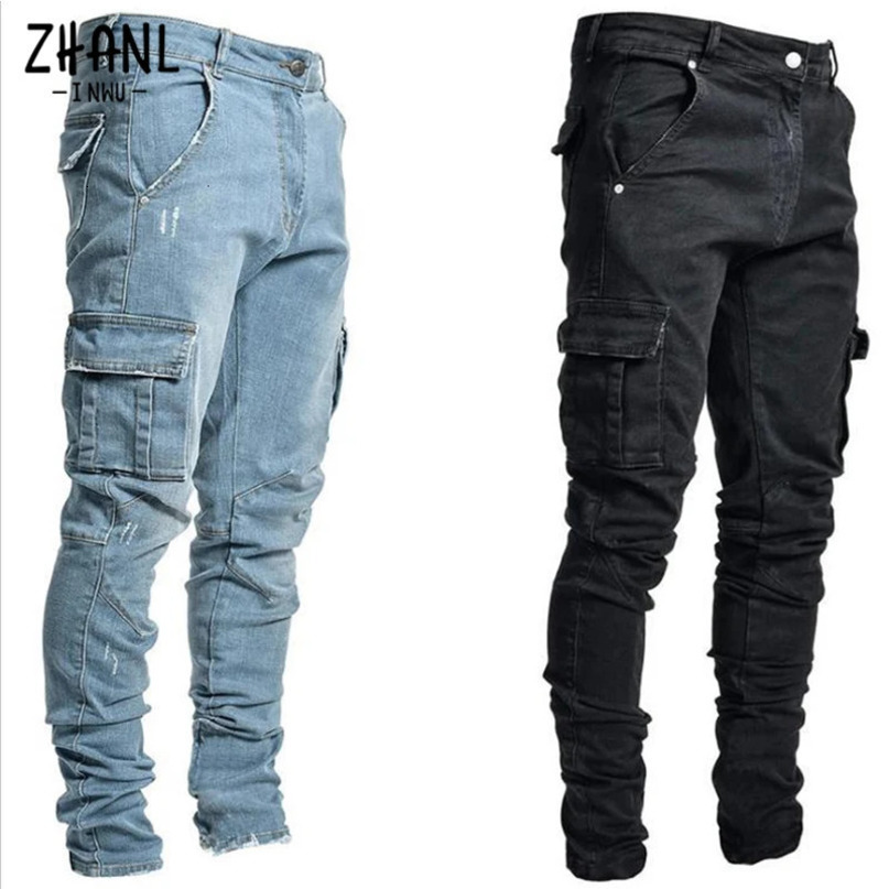 Jeans Men Pants Wash Solid Color Multi Pockets Denim Mid Waist Cargo Plus Size Fahsion Casual Trousers Male Daily Wear 240113
