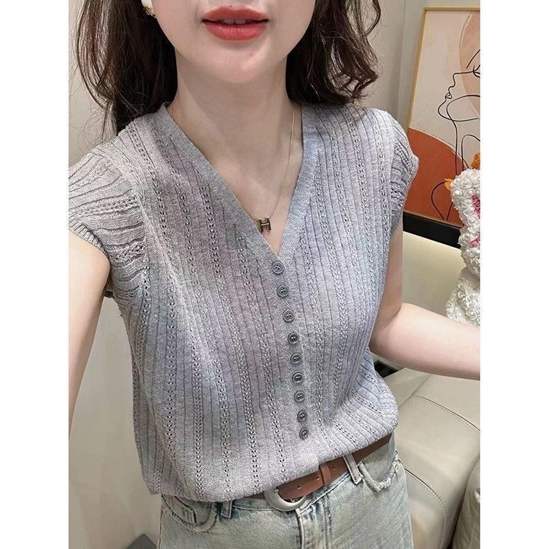 Drop Shoulder Hollow Collar Short Sleeve Knitted Sweater Designer Hoodie For Women 2025 Summer New Single-breasted Loose Designer Shirt Fashion Casual Slimming