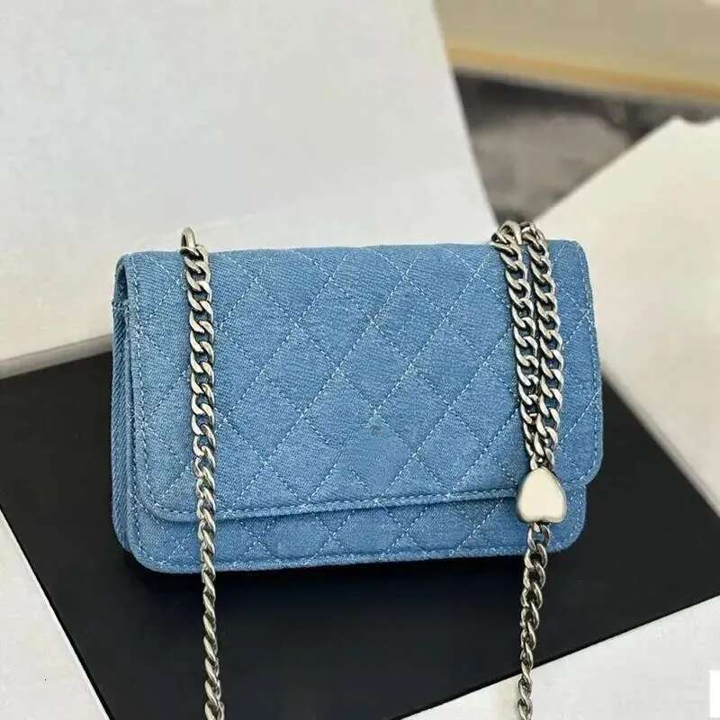 Love Heart Buckle Women Mini Flap Bag Soft Denim Adjustable Metal Chain Hardware Card Holder Pockets Designer Shoulder Bag Crossbody Bag Coin Wallet Luxury Bag