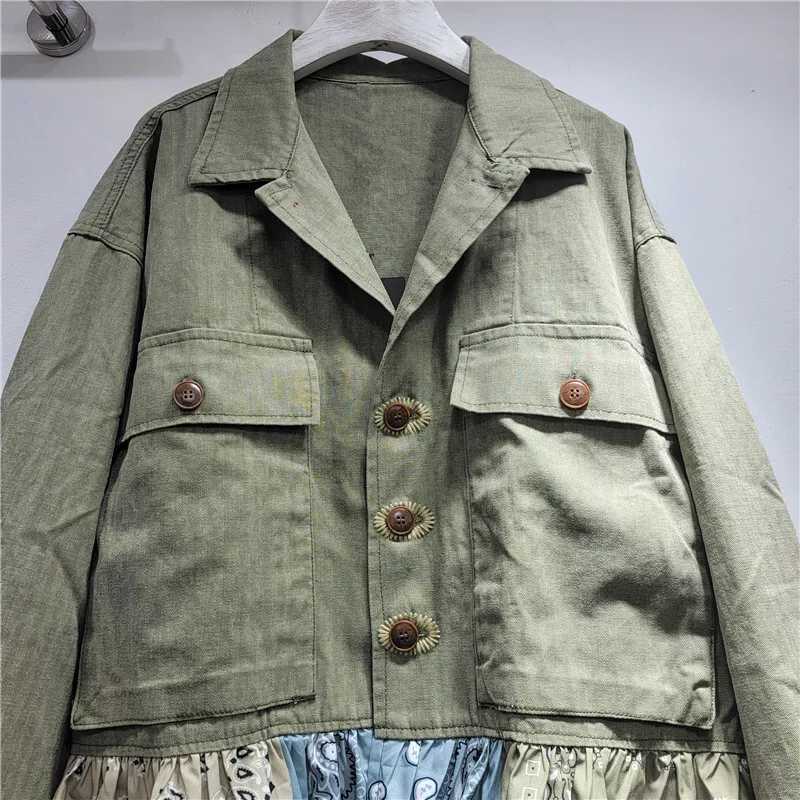 DEAT Womens Denim Coat Patchwork Printed Design Big Pockets Single Breasted Loose Jackets 2025 Autumn New Fashion 29A3449 L251010O8B0