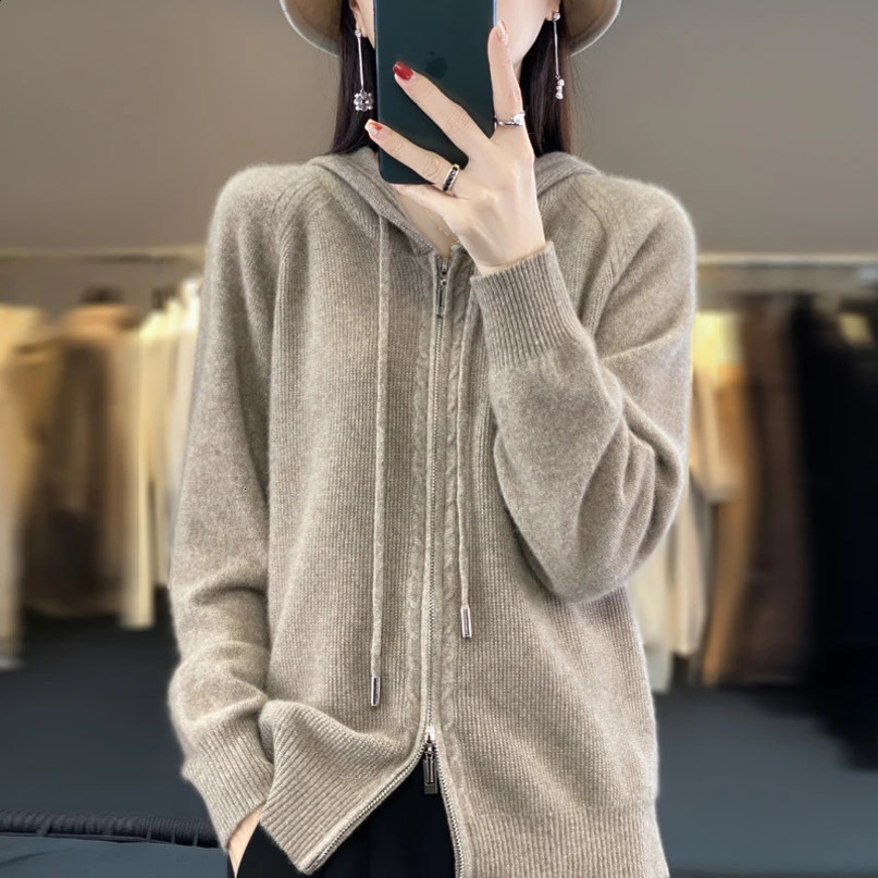 100% cashmere sweater womens hooded cardigan fashionable loose thick top Korean version 240826