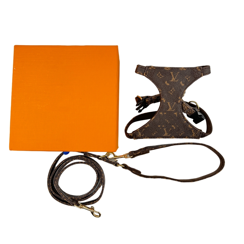 Designer Dog Harness and Multifunction Dog Leash Set, Classic Letter Pattern, Lightweight Soft Adjustable No Choke Escape Proof Pet Harness Vest for Small Medium Dogs