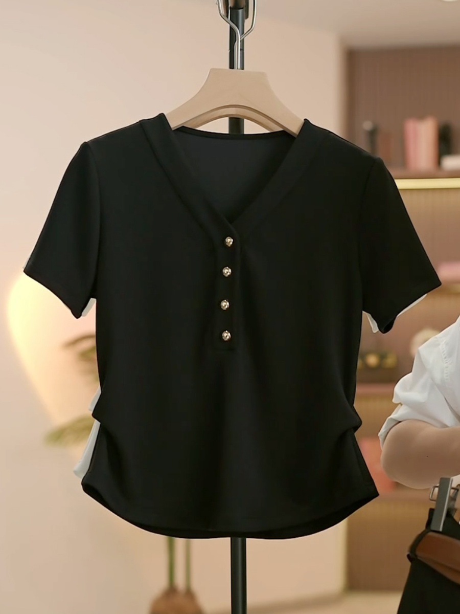 Regular Shoulder V-neck Short Sleeve T-shirt 150kg Plus Size Women's Summer Fashion Designer Designer Shirt Hoodie Slimming Design Waist-cinching Belly Top