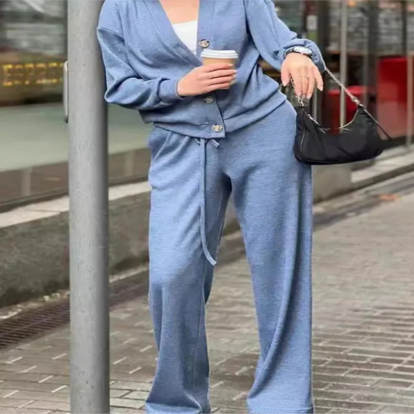 Simple solid color sports pants set for womens casual knitted Vneck cardigan high waisted Trouser style twopiece women 241008