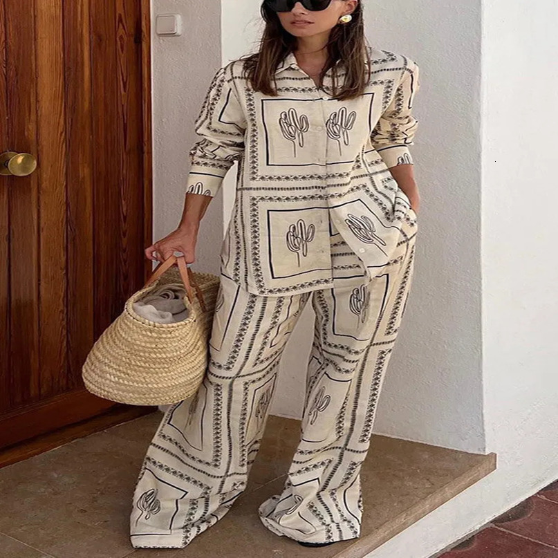 Printed Shirts Two Piece Set Women Long Sleeve Lapel High Waist Wide Leg Pants Suit For Home Wear Outfits Clothing 240715