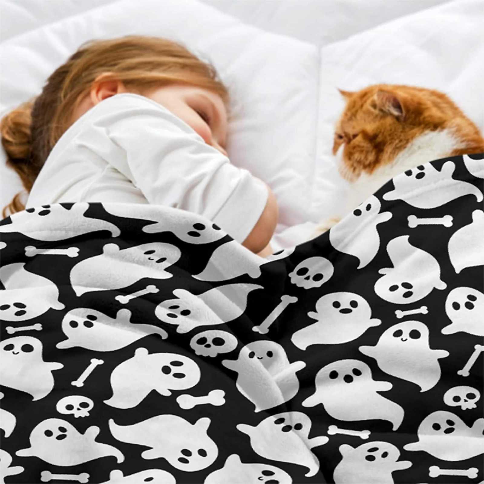 Spooky Halloween Ghosts and Bones Printed Blanket Cozy and Festive Flannel blanket soft and comfortable gift C251011