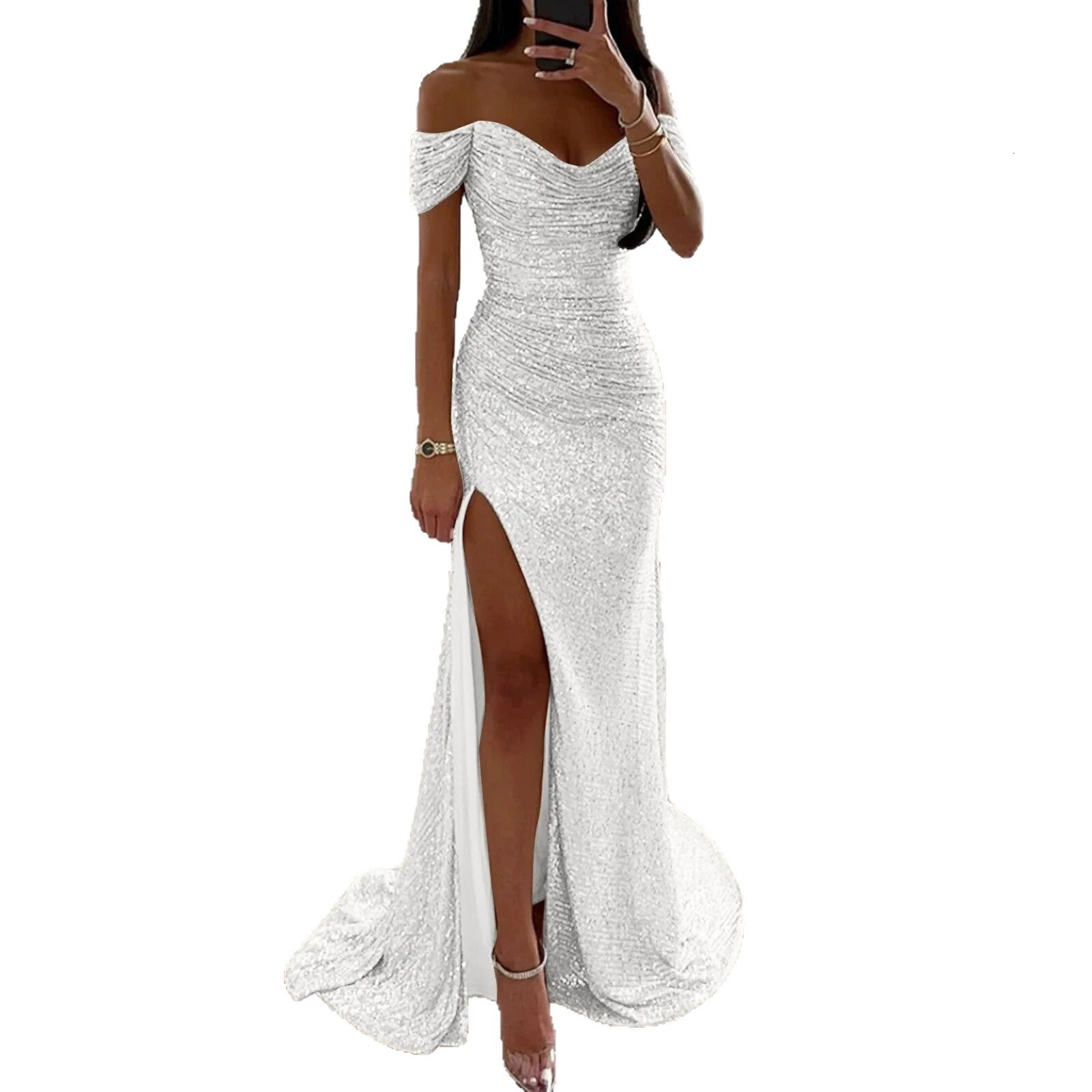 Customized Sheath Sleeveless vestidos de noche Ruffle FloorLength Formal Evening Blue Sweetheart Neck Glitter Prom Dress 250829