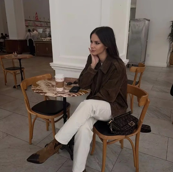 Fashion Loose Khaki Suede Jacket Women Lapel Zipper Long Sleeve Pockets Coat Female 2025 Spring Autumn Vintage High Street Tops 250827