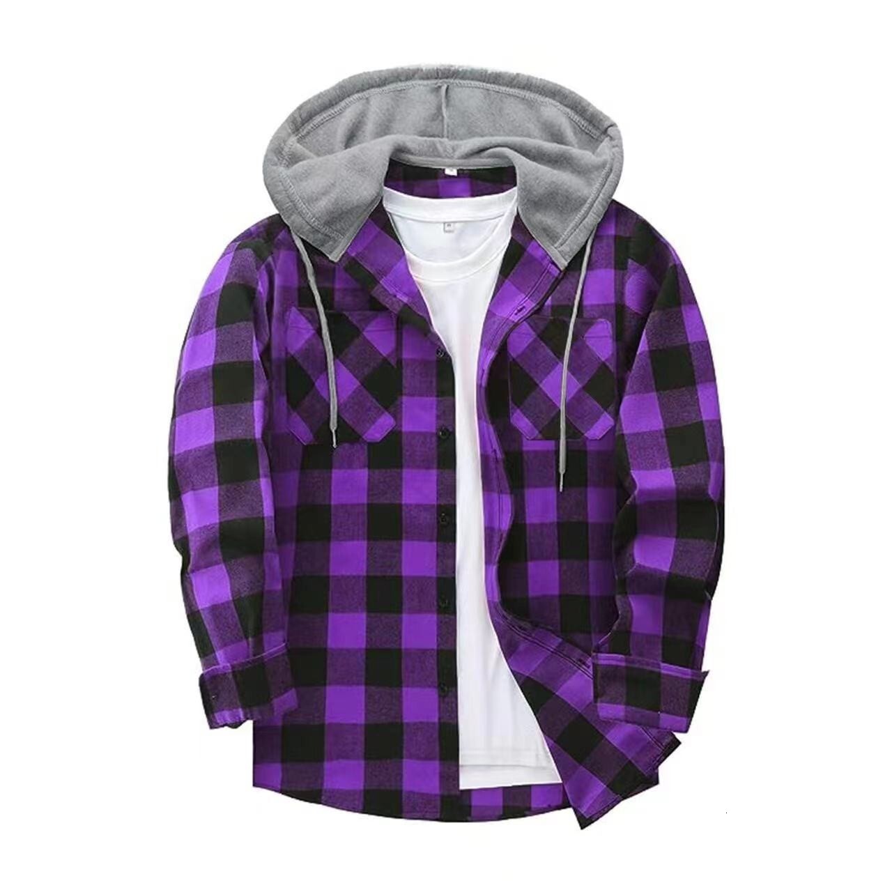 Youth Trend Plaid Loose Fit Sports Casual Single-Breasted Hooded Sweatshirt Round Neck Pocket Decoration Casual Fleece Plaid Hooded Sweatshirt