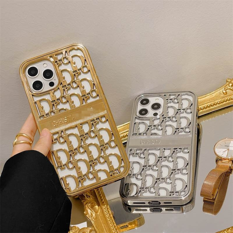 Electroplated Premium Hollowed-Out Phone Case For iPhone 15 14 13 12 11 Pro Max Plus D Letter Pattern Hard Shell Cover Cases Shockproof