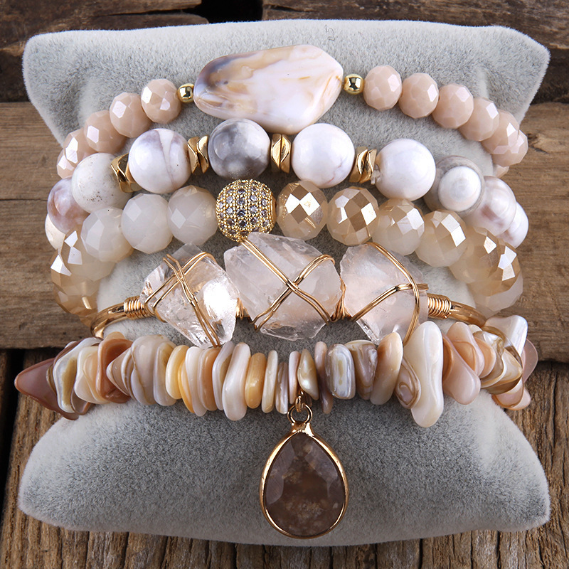 Bohemian Stack Bracelet Natural Stone Glass Mixed Crushed Stone Bracelet 5PCS Womens Bracelet Set