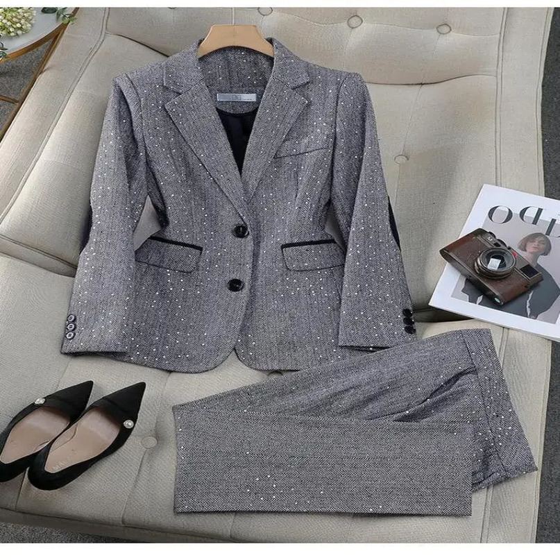 Autumn and Winter Warm Set Grey Brown Long Sleeve Glitter JacketPants Two Piece Fashion Work Clothes 241115