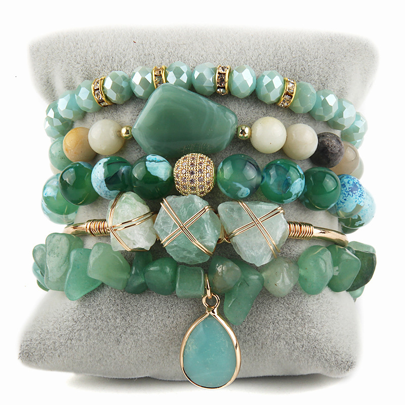 Bohemian Stack Bracelet Natural Stone Glass Mixed Crushed Stone Bracelet 5PCS Womens Bracelet Set