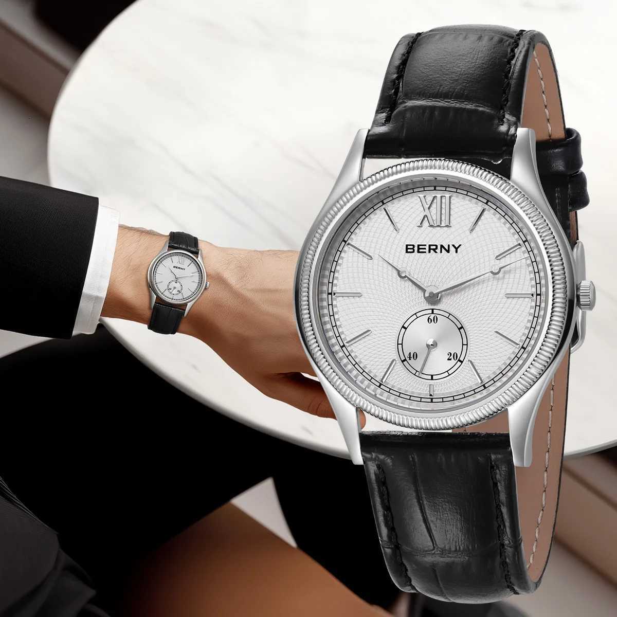 BERNY Mens Watches Luxury Classic Stylish Dress Quartz Watch UltraThin Stainless Steel Case Elegance Leather Strap Wristwatch D251011