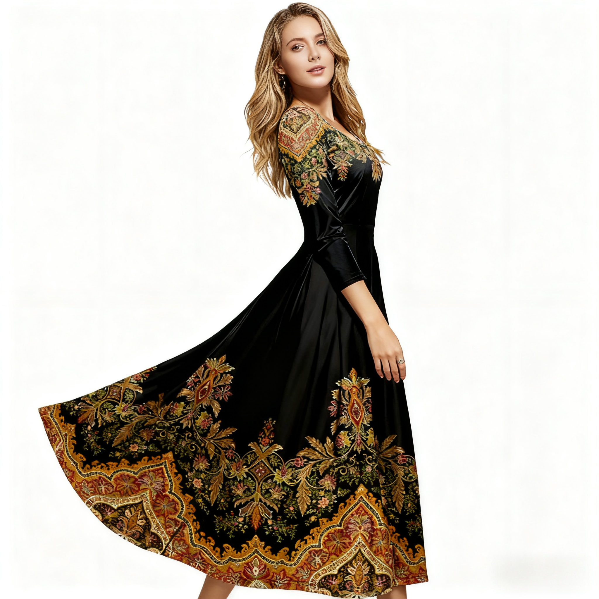 Women's Autumn Winter New Plant - Printed Long - Sleeve Dress - Casual & Versatile Black Midi Dress-CF56280
