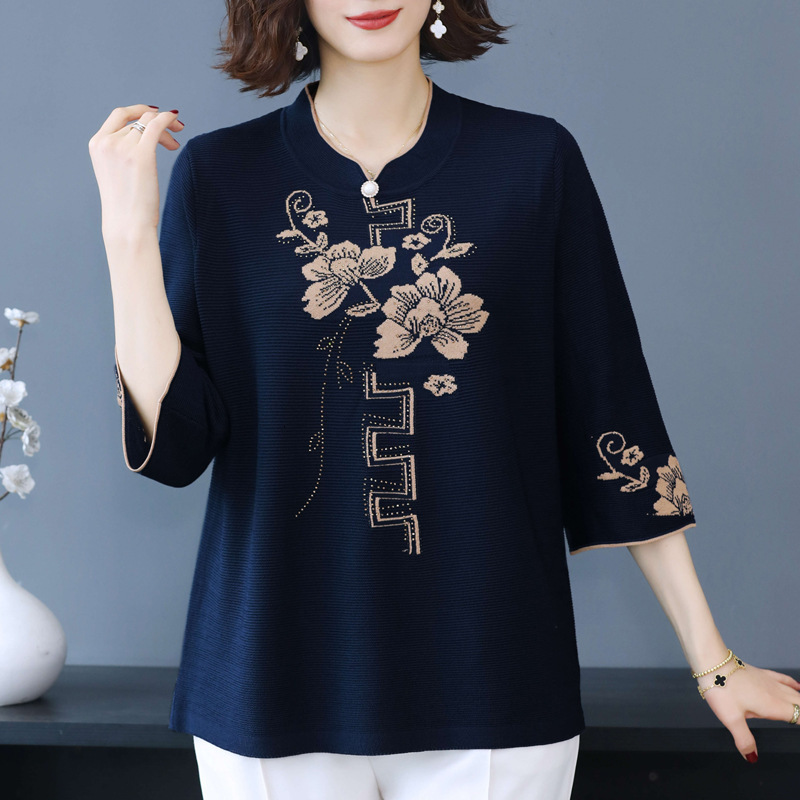 Middle-aged Mom Spring And Designer Shirt Autumn Tops Elderly Ice Silk T-shirt Plus Size Large Women's Fashionable Designer Hoodie Knitted Base Shirt
