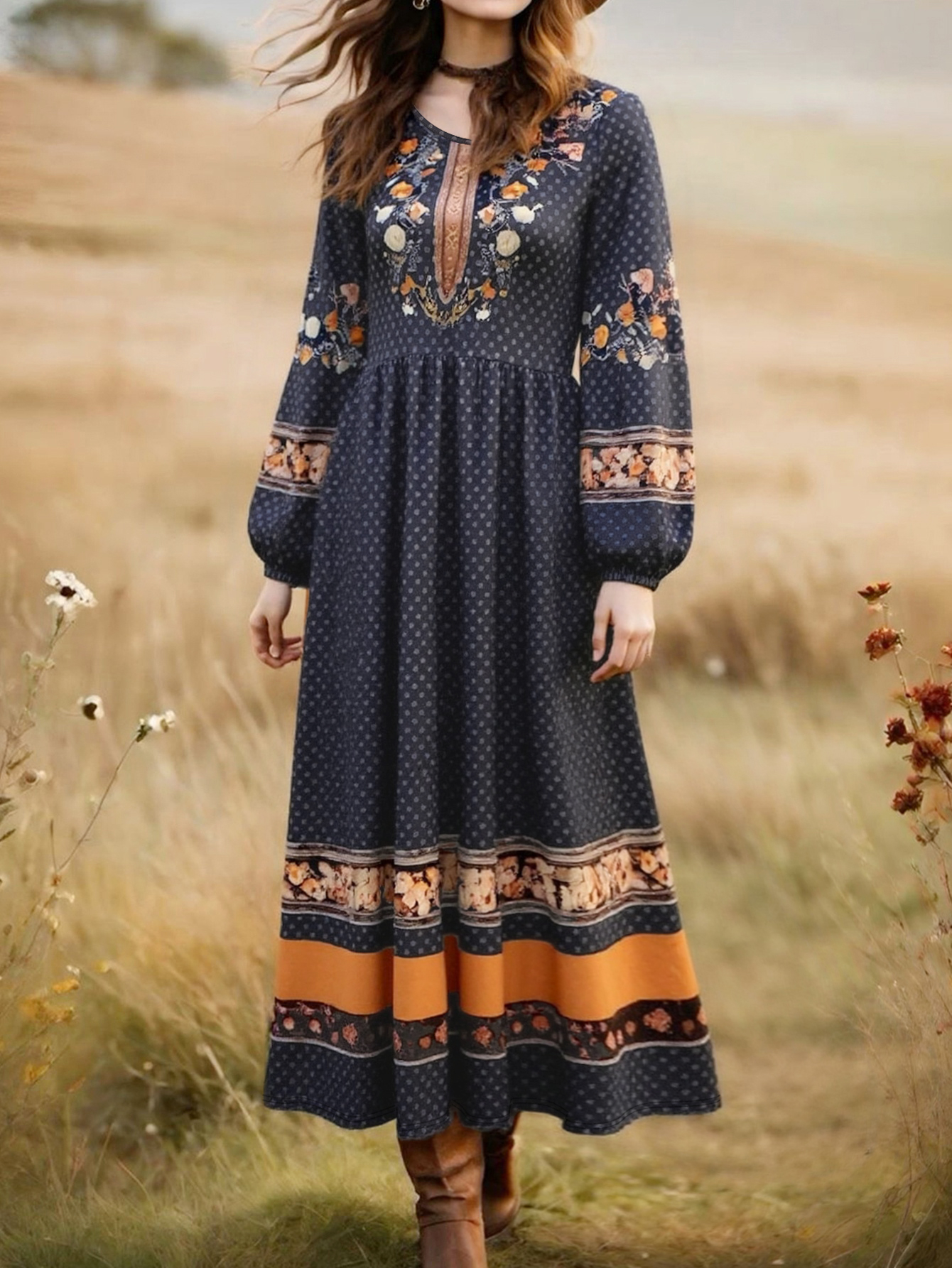 Women's Autumn Winter New Floral Printed Maxi Dress - Casual Versatile Vacation Round - Neck Long - Sleeve Dress-CF56278