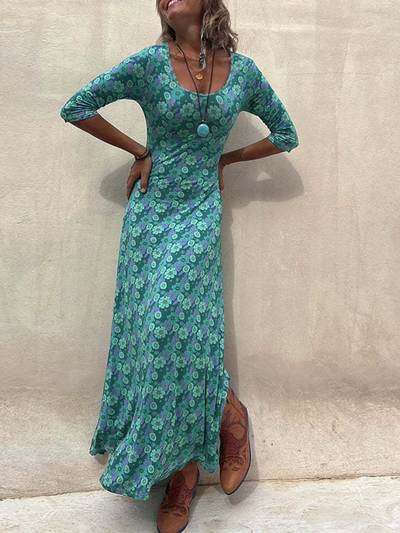 Women's Autumn Winter New Floral Printed Maxi Dress - Elegant Versatile Office - Wear Dark Cyan Dress-CF41088