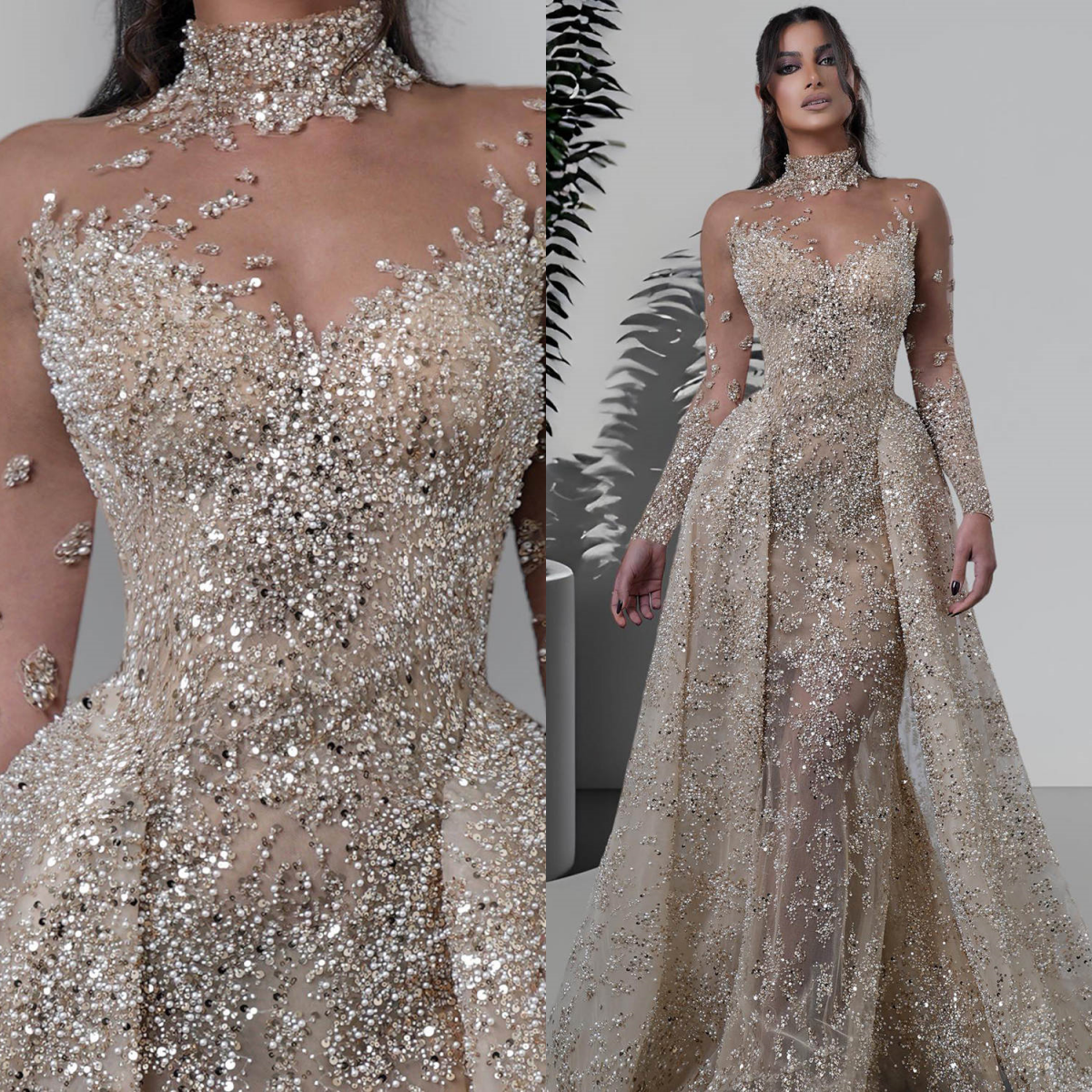 Glamorous Sequins Bridal Gowns High Neck Long Sleeve Sheer Mermaid Wedding Dresses Beadeds Formal Customized Dresses